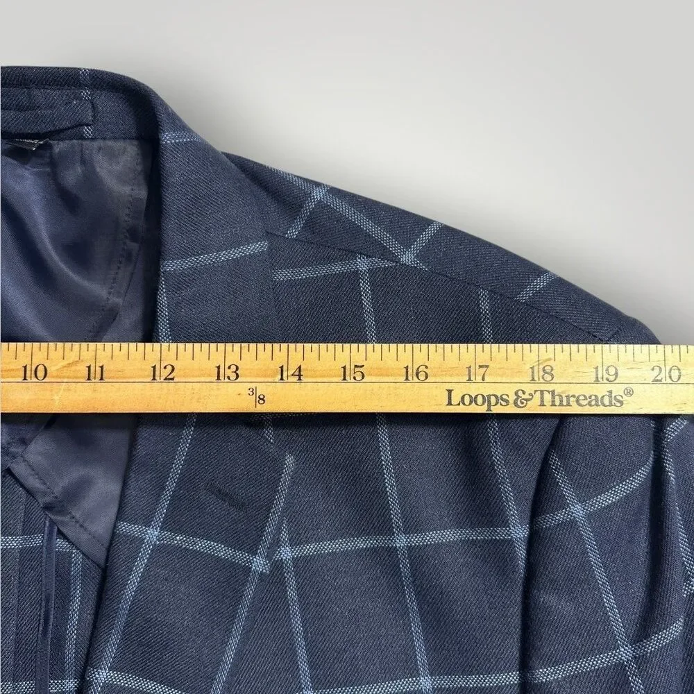 JOS A BANK Men Blazer Sport Coat 46R Navy Windowpane Plaid 2-Button Jacket Linen